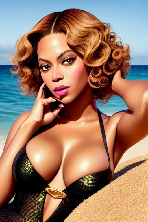 a color pencil draw of,beyonce,wearing willy wonka,doing sexy pose,on the beach,amazing breasts,five slender fingers,short hair,gorgeous face,beautiful lips,green eyes,curved eyebrows,smooth skin,romantic,wearing golden ring,sharp focus,8k,bokeh,surreal,editorial