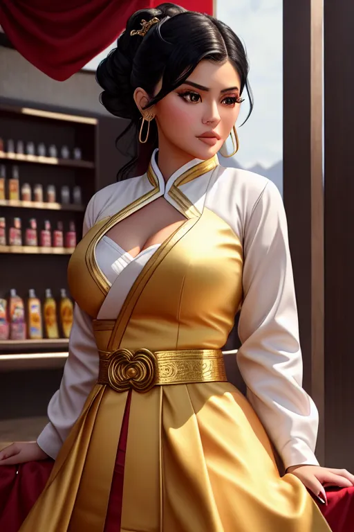 a concept art of,kylie jenner,wearing hanbok,shooting from a high point,at the convenient store,small breasts,five fingers per hand,wavy curtain bang,beautiful face,beautiful lips,detailed large eyes,curved eyebrows,smooth skin,wearing golden ring,cinematic lighting,8k,unreal engine,highly detailed,surreal