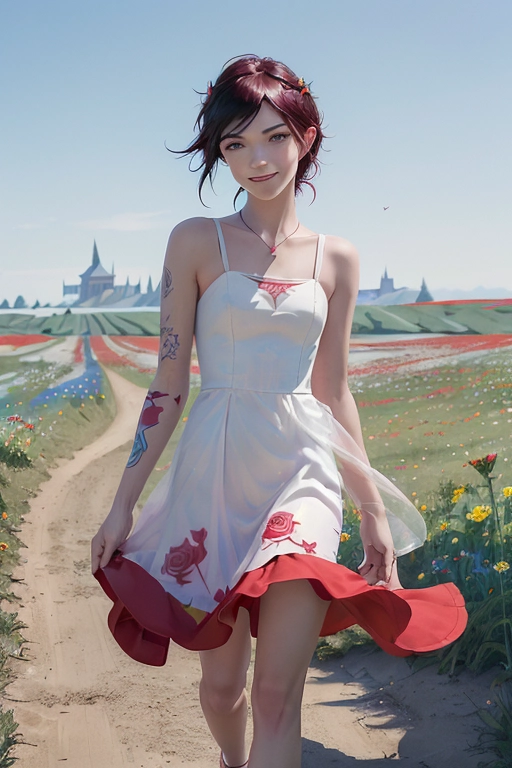 (((realistic photo))) of Ruby Rose from RWBY, small frame, cute smile, beautiful detailed cute face, rose tattoos,
in a summer dress, walking through a field of wildflowers, the wind is lifting up her skirt to reveal her panties
High quality, absurdres
