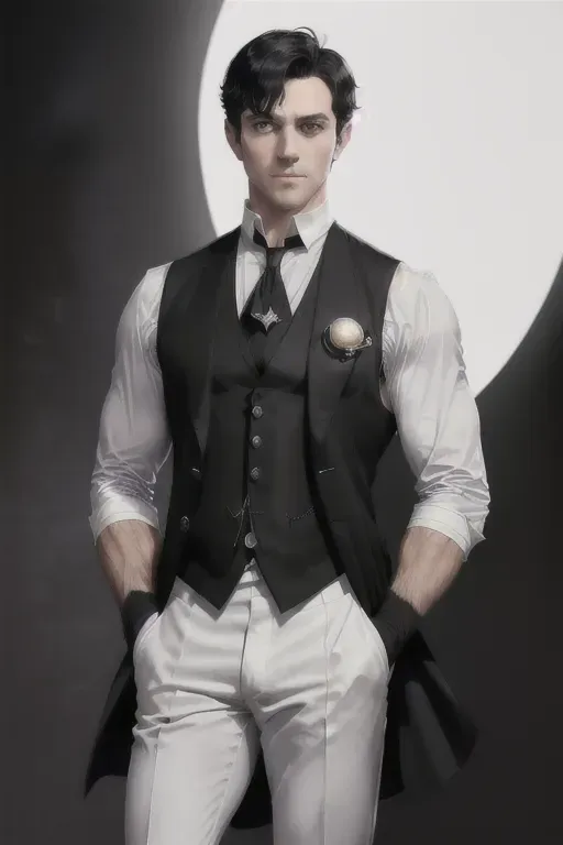 Short hair, black hair, ((monocle over left eye)), male, anatomically correct, white shirt, black pants, black background, ((long black waistcoat)), smug smile, handsome, black tie, ((black gloves)), entire body in image, (gray eyes), muscles, ((hands in pockets)), (((white sleeves partially rolled up revealing muscular arms))), purple light shining from above