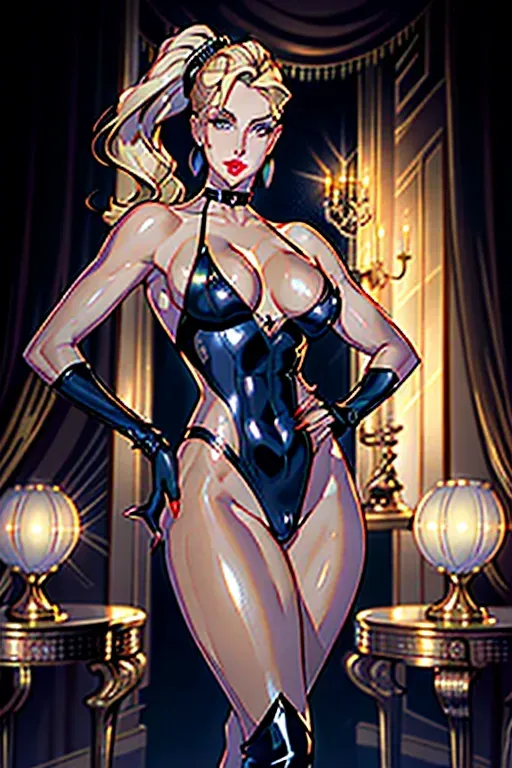 beautiful late 30s woman with perfect face, tiny waist, very athletic physique, Italian miss universe looks, standing in luxury hotel room, hands on hips, nsfw, nude, shaved pussy, perfect medium boobs, small pale erect nipples,(((1:4 visible abs)))blonde hair, bright big brown eyes, exotic makeup, (((extra dark tanned skin:1.2)))naughty smile, big pouty lips, dark lipstick, extra wide choker with shiny rivets, big earrings, blonde hair in dominatrix ponytail, dramatic lighting, head to toe view, high heel shoes, full body view from across the room, playboy photograher style, fingerless black tight shiny opera length gloves