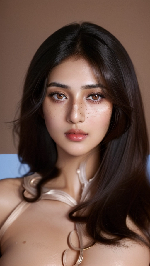 Masterpiece, (realistic, photo-realistic:1.37), A high 8k resolution photo shot of an middle eastern Indian woman, gorgeous long face face, thoughtful expression, brown eyes, rosy cheeks, thin dark eyebrows, tanned middle eastern skin, (long messy black hair)), heavy eyeshadow, freckles, black eyeliner, (((completely nude))), long lashes, medium breasts, dark red lips, highly detailed skin textures, highly detailed eyes, blue plain background, defined cheek bones, wide and short neck, professional photograph, dramatic lighting, looking at camera,