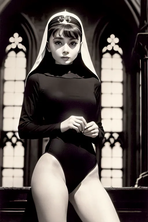 Beautiful young Audrey Hepburn (in a gothic cathedral, firelight, shadows), nighttime, dark lighting, ((dressed in a black leotard)) ((bare thighs)), ((and nuns headdress))