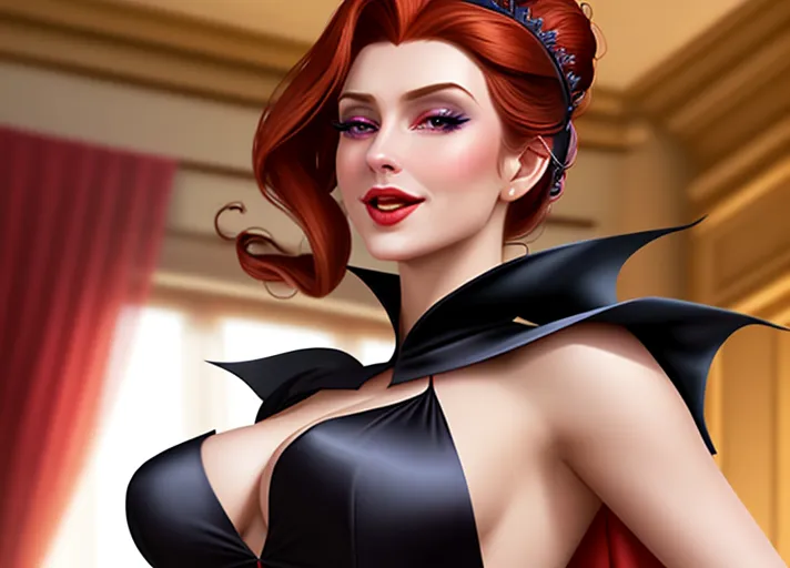 low angle dressed in elegant black silk dress with plunging neckline and cape, a pair of red marks on the side of her neck, Beautiful sultry auburn haired pale creamy complexion vampire Queen Anna of Arendelle a toothy smile as she runs her tongue across her upper teeth and pair of long vampire fangs, as with her hypnotic eyes glowing bright red, she hypnotizes her platinum haired sister, Elsa dressed innocently in white. photorealistic.
