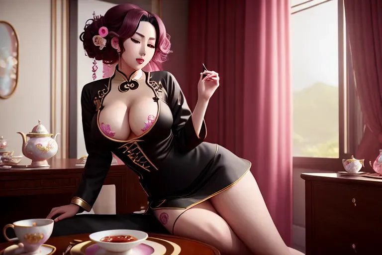 a digital painting of,inori yuzuriha,wearing ao dai,kneeing,in a tea party,amazing breasts,five slender fingers,curly hair,gorgeous face,beautiful lips,black eyes,curved eyebrows,curved eyelid,joyful,tattoo,editorial,surreal,8k,artstation,unreal engine