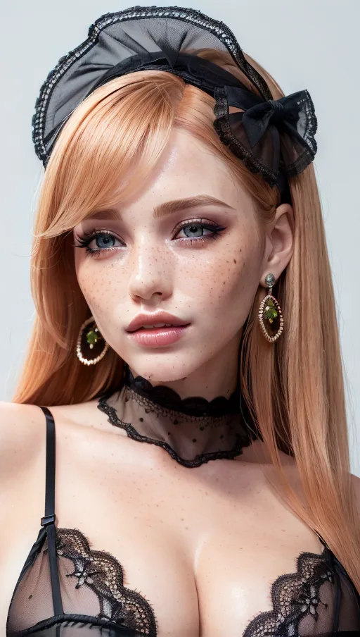 photorealistic, 8k, accurate face, (((detailed face))), (((replicate inspiration face))), freckles, green eyes, strawberry blonde hair
, female face, cute, gorgeous,luxuriously long hair, lipstick,black eyeliner,black eyeshadow, bangs,lacy lingerie, lace bow,choker