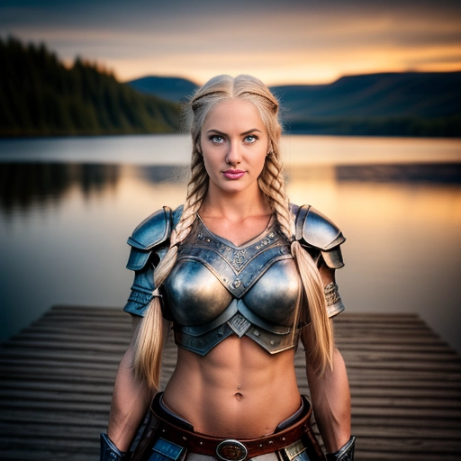 A professional photograph of a beautiful and fit 25 year old viking woman standing on a dock at sunset
Woman has long platinum blonde hair in braids and bright blue eyes
Woman has large natural breasts
Woman has a fitness model physique
Woman is wearing viking hide armor
<lora:dpmg_add_detail:1>