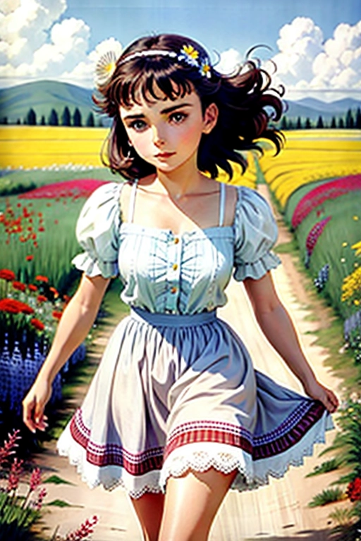 Young Jean Simmons, cute, in a summer dress, walking through a field of wildflowers, the wind is lifting up her skirts to reveal her panties