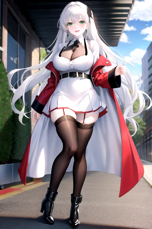 8k quality, green eyes, pale white skin, white hair, giant breasts, cleavage, looking at viewer, pov, long hair, wavy hair, full body photo, smiling, black miniskirt, tights, red dress, black jacket, black boots, black choker, black stockings, thick black belt, high heels, standing in garage