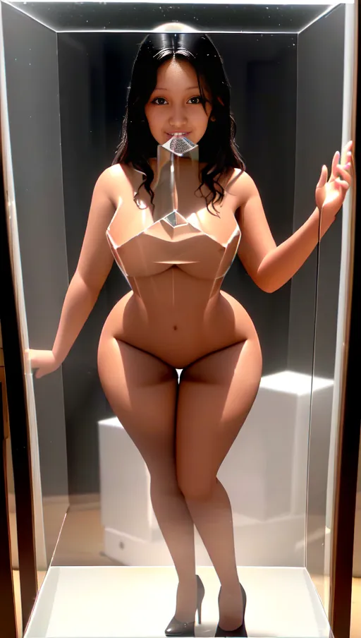 A photo with 8k resolution, (((detailed facial features))), ((real body)),((8k resolution photo)), ((see full body)), ((standing imitating the pose of a mannequin)), black hair, very light brown skin tone, big natural breasts, ((real skin)), (((overweight))), ((generous curves)), Latina, thick legs, (high shoes), ((turned into a sex doll)), (((inside a glass cube))), nude, naked, white lighting, ((mouth slightly open))