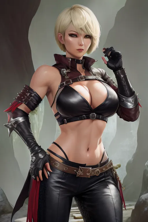 black desert online, fantasy human female martial artist, blonde short bob cut hair, black pants with straps, exposed stomach, black trousers with straps, dark red top, martial artist gloves, beautiful mature face, gray eyes, slightly tanned skin, vibrant color, colorful, strong colors,