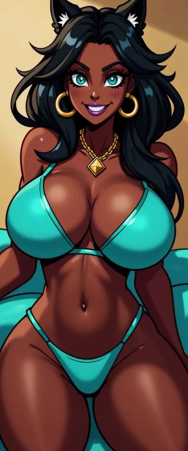 8k high resolution photo, Ultrarealistic, 40 years old, slim athletic slutty black MILF, smirking, kinky turquoise latex bra and thong, deep cleavage, long heavy gold necklace