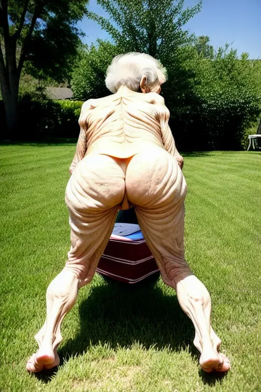 (great grandmother),(90 years old),(naked),(wrinkled skin),(very skinny), standing at picnic table, (crawling doggy style), (showing ass hole), (tan lines), lawn mower, yard