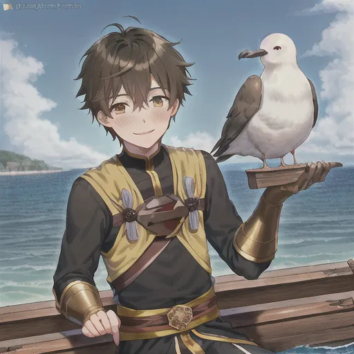 cute_guy, shy_man, blush_man, blush, anime_style, (smile), ((young_man)), (darkbrown_hair), short_hair, male, pretty_hands, detailed_hands, medieval_outfit, yellow_brown_eyes, blue_outfit, adventurer_outfit, sitting_at_raft, raft, ocean, sun, seagull