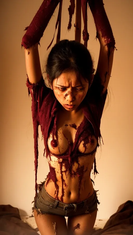 a woman being captured by demons, torn clothing, bruised woman