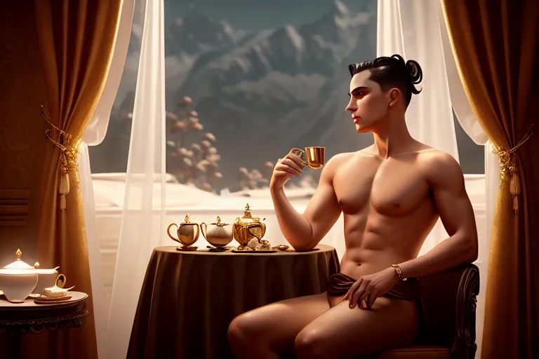 a digital art of,a priest,naked,sitting,in a tea party,five fingers per hand,wavy curtain bang,gorgeous face,beautiful lips,curved eyebrows,wearing golden ring,unreal engine,smooth,sharp focus,artstation,surreal
