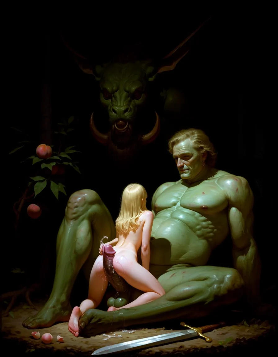 oil painting, 1970s fantasy art,
Background is dark evil forest, a giant fantasy beast of a man looms in the darkness, he is muscular and green coloured, he has a calm and noble face, the monster is barely visible sitting on the forest floor, it has a giant erect human looking cock and balls, ((giant penis)), the cock oozes pre-cum,
In the foreground is an 18 year old blonde girl, dwarfed by the size of the monster, she is naked and sits on the monster’s lap rubbing her pussy against his massive cock, there is one small crushed peach oozing juice, a small sword lays on the ground, (she sits on the monster’s lap: 2)
Dynamic composition, masterpiece, best quality ,