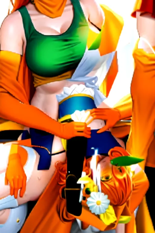 (Nami), orange hair, big breast, juicy thighs, overknee socks, muscular legs, full face blush,