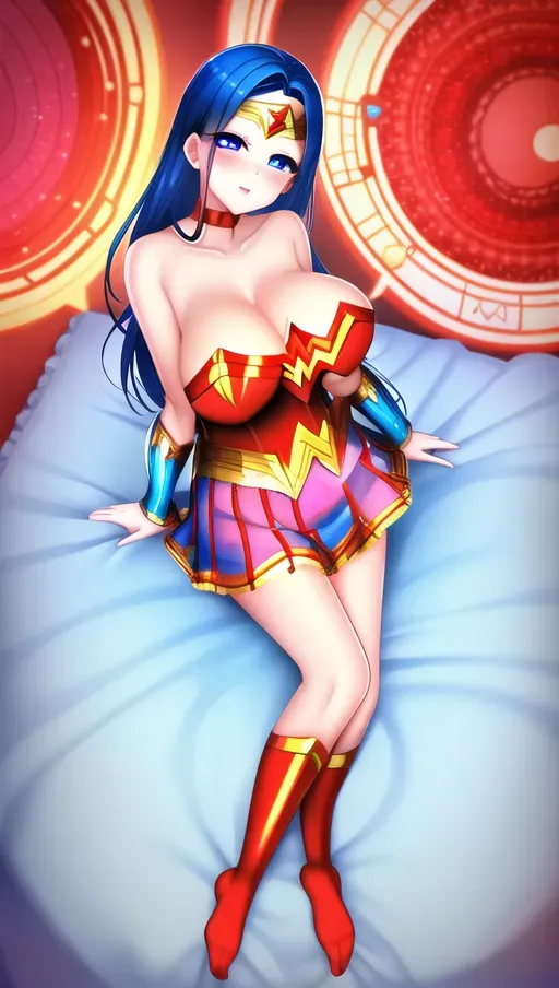 Wonder Woman in red and gold wonder woman costume with blue skirt with loving soft smile and blue mini skirt. huge round blue eyes, Love hotel background, soft bed. Soft chest, soft lips, kissing lips, exposed shoulders, comforting
