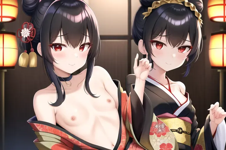 Yor Forger from Spy family, (sexy Japanese kimono), medium black hair in a bun, gold headband, red eyes, ((small breasts)),