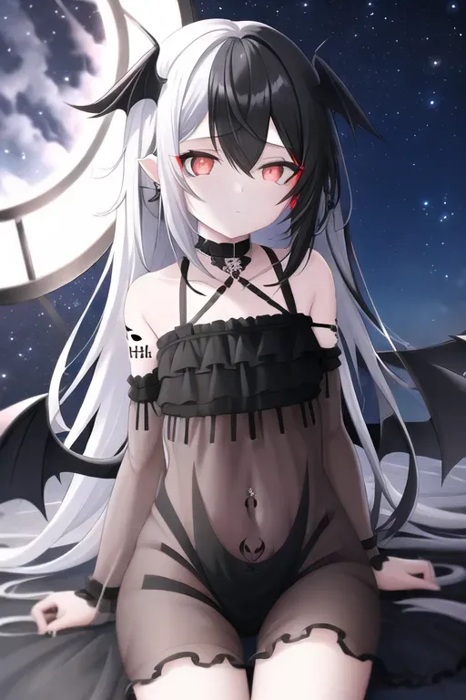 1girl,high quality,night sky,tired,black long hair,night gown,pale,black horns,wings,silver,piercing,front view,side laying,tattoo