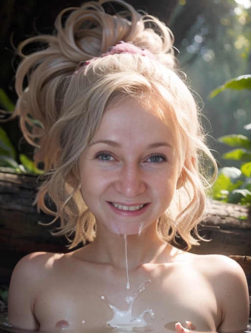 professional, ((beautiful woman))), photorealistic, best quality, ultra high resolution,
beautiful eyes, round face, round head, cute smile, healthy teeth, white teeth , detailed face, wild unkept hair, small nose, small breast, coy poses
dancing around a campfire in a secluded forested camp site. <lora:dpmg_upshirt:1>dpmg_face_cum_v1<lora:bukkake:1>