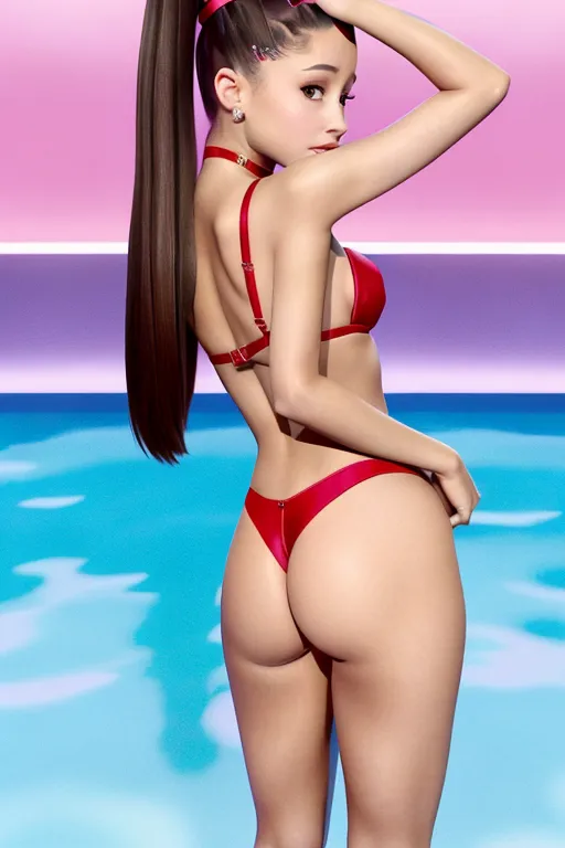Ariana Grande showing small ass, cute face, red thong, looking over shoulder, full body, standing, accurate proportions