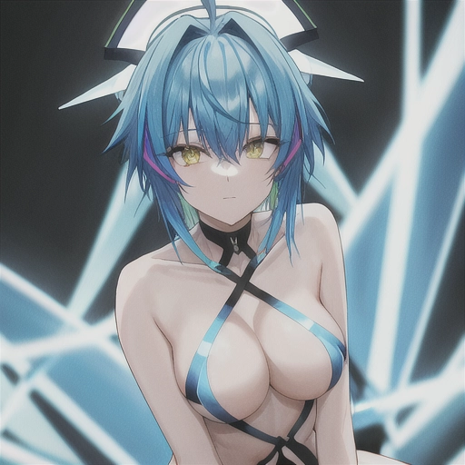 neon from valorant, short blue hair with yellow highlights, nude,