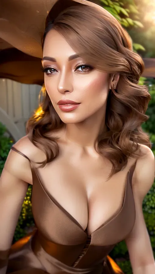 Photo-realistic, ((25 years old)), facsimile copy, (((light brown eyes))), ((evening gown)), (rust-brown coloured hair), (collar-length wavy hair), gentle smile, ((in a garden)), 8K