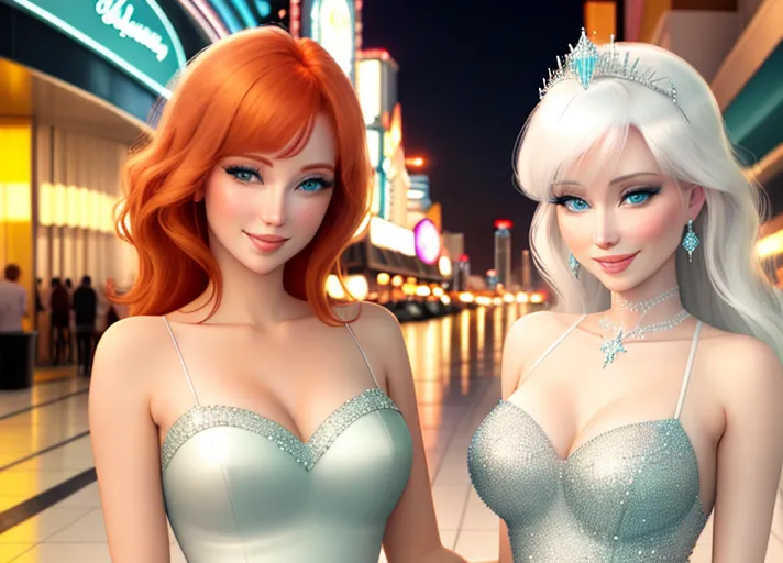 beautiful auburn haired Queen Anna in mint green dress and her platinum haired Sister, Elsa in white, with their beautiful sapphire eyes, visit dazzling Las Vegas Strip at night. Their warm sweet smiles brightening every day.