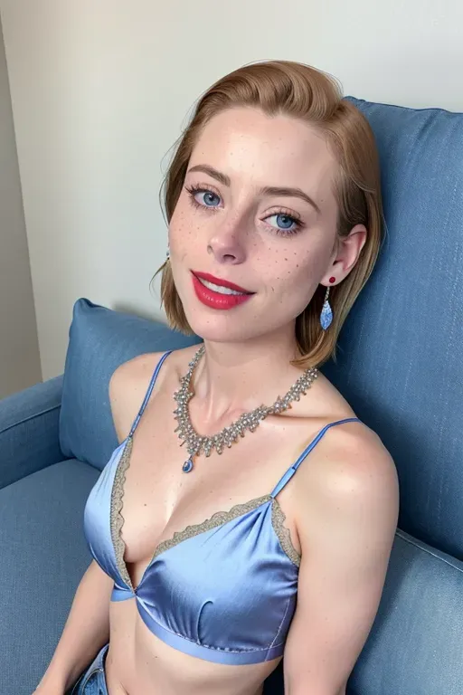 photo of,gillian jacobs,freckles,innocent,short blonde hair,(looking at camera),(((wearing deep V silk shirt))),((wearing short jean)),uncovered belly,(skinny body),covered natural breasts,((lying back on a couch)),((spreading legs)),showing her body,(showing cleavage),five slender fingers,(gorgeous face),(beautiful sensual smooth lips),(red lipstick),(big beautiful detailed blue eyes),curved eyebrows,curved eyelid,(beautiful legs),(skinny thighs),textured skin,highly detailed,sharp focus,film style,natural lighting,((accurate face)),happy,smiling,joyful,wearing necklace and earrings