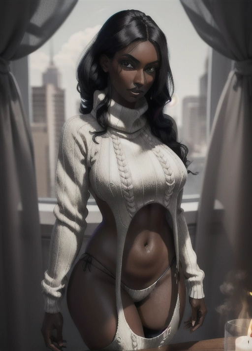 <lora:virgin_destroyer:1> virgin destroyer sweater, 1girl, masterpiece, best quality, highly detailed, (((dark skin))), black hair,