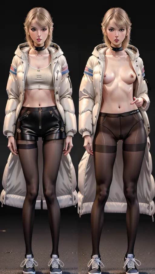 ((full-length realistic photograph from below)) <lora:onoff:1> Insanely detailed and intricate
((((front view)))) digital photo of
leggy, anorexic, ((very skinny)) ((flat-chested))((long slender legs))blonde hair with bangs ((year 2014)) (((extremely detailed face
taylor swift))) looking into camera
(((wearing puffy mid-drift jacket and capri-style-pantyhose and sexy sneaker high-heels)))(pantsu)
(((bottomless)))
on the street digital photo of, anorexic skinny taylor swift,long skinny legs,full body with legs pose,(( panties and heels sneakers magazine cover))),five fingers per hand,medium hair,charming face,beautiful lips,black eyes,curved eyebrows,curved eyelid,textured skin,joyful,unreal engine,editorial,cinematic lighting,8k,professional