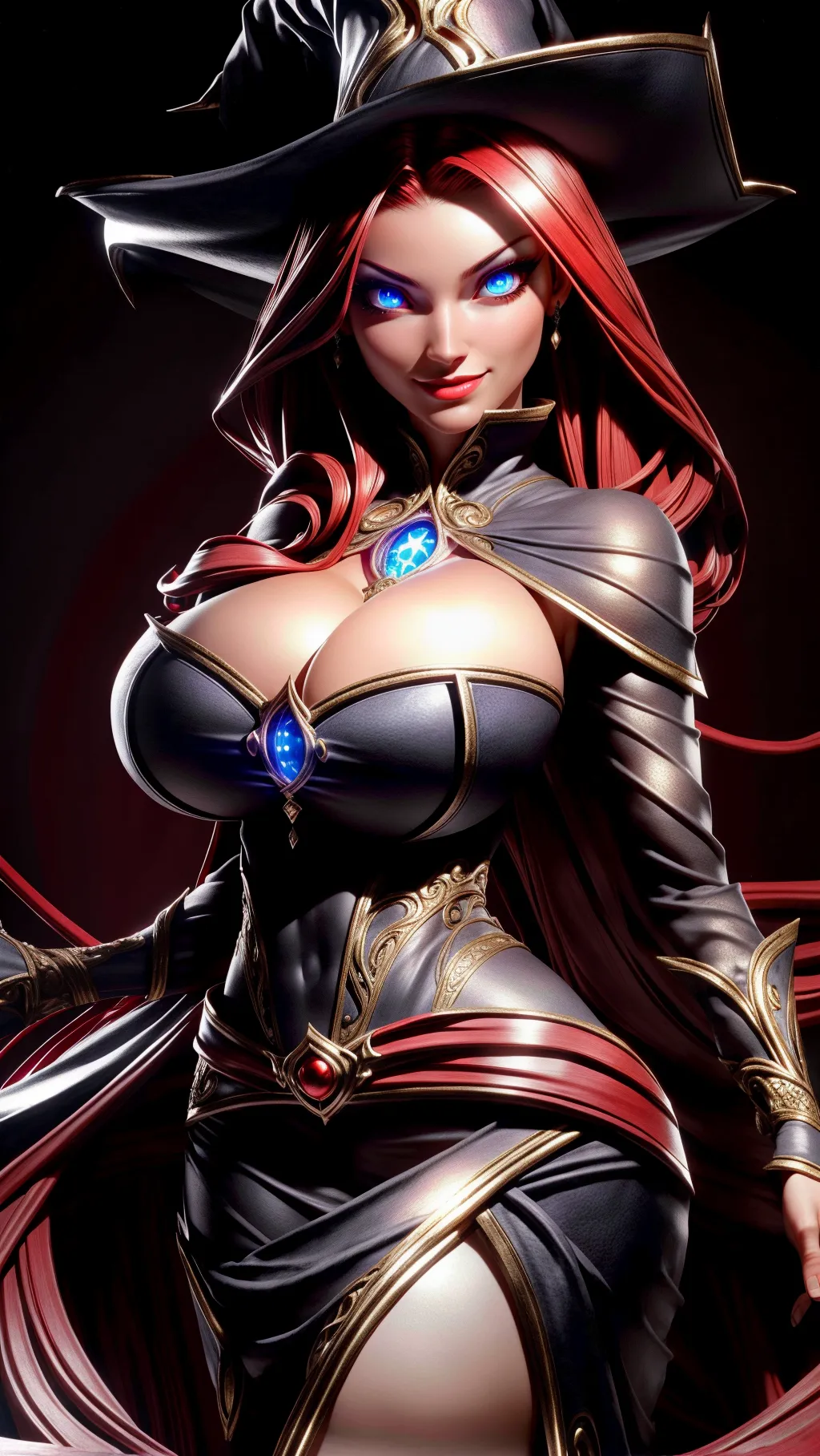 Hyper resolution, extreme details, 8K resolution, masterpiece, very high quality, ray tracing, perfect lighting, perfect shadows, solo, female focus, ((face focus)),
A sexy witch with massive boobs and perfect red hair, big boobs, huge boobs, huge tits, wide hips, skinny waist, long legs, naughty face, modest clothing, naughty, naughty smile, long eyelashes, perfect face, perfect eyes, extreme eye details, detailed eyes, extreme face details, bright glowing eyes, ((glowing eyes)), magic eyes, symmetrical eyes, <lora:dpmg_add_detail:1>, <lora:dpmg_3d_rendering:1>,