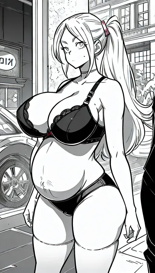 In the style of my hero academia, <lora:manga_lineart:1>, 1girl, gigantic breasts, masive tits, saggy tits, bra and panties, sexy, in public, cute, pregnant, huge pregnant belly,