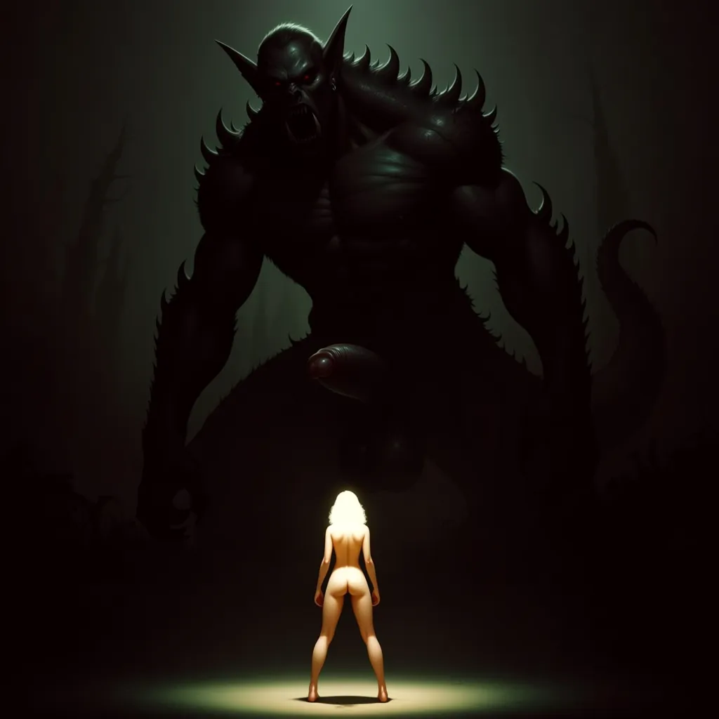 Background is dark evil forest, in the darkness a giant male monster with spikes looms, it has a giant erect human looking cock and balls, ((giant penis)),
In the foreground is the silhouette of a girl, dwarfed by the size of the monster, she is naked and she stands with her legs apart, ready to face the monster,
((Dithered look)),