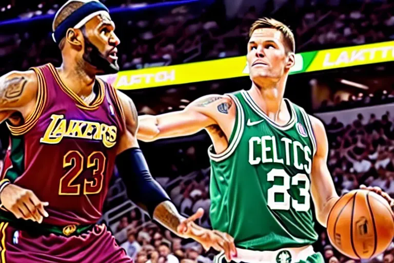 Dopamine Girl - hyperrealism ((realistic photo)) of Tom Brady shooting a  basketball next to Lebron James, deepfake, high resolution, realistic, Tom  Brady shooting a basketball, Tom Brady in a celtics jersey, Lebron