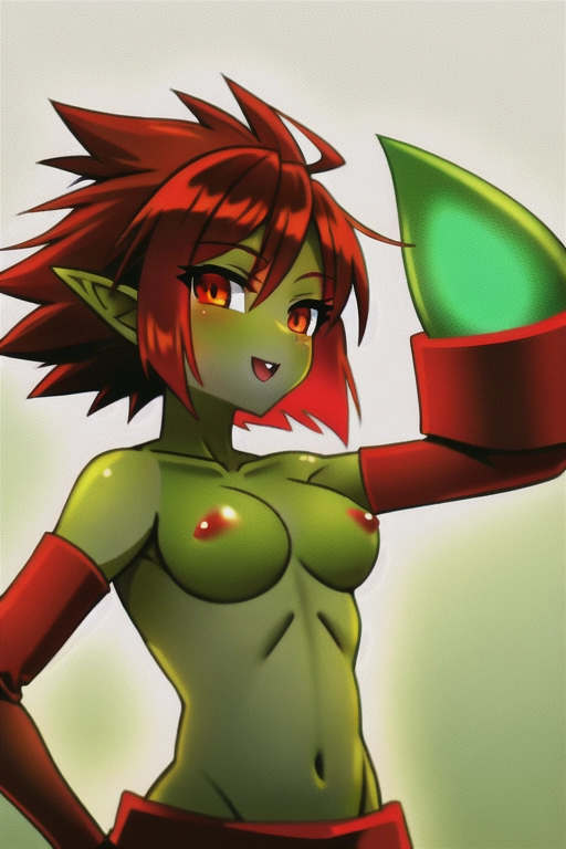 Red head goblin girl, green skin, pointy ears, cute