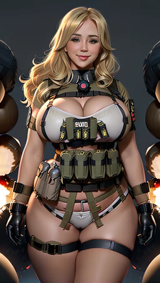 Hot blonde, Russian, voluptuous (((suicide bombgirl))), huge breasts, european, blonde hair, (((wearing a tactical explosive belt))), (((wide hips))), thick thighs, huge breasts, tactical ((dynamite belt)), suicide belt, smiling, lots of cleavage, (((cubby))), curvy, thick, sideboob, midriff, plastic explosives, ((tactical explosive vest))