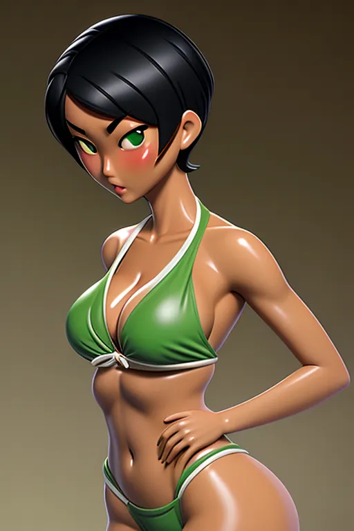 tanned asian girl, tan line, 1 piece bath suit, bath suit torn apart, bath suit ripped apart, boobs showed, worned bath suit mature, flat boobs, tall girl, green eyes, short hair, black hair, shy face, blush <lora:dpmg_3d_rendering:1>
