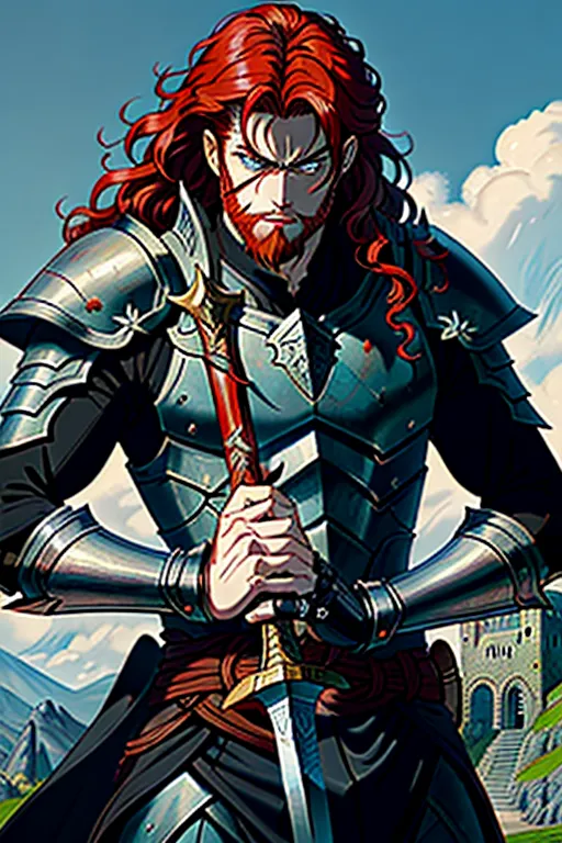High fantasy, Berserk, a strong, warrior human, Guts, wavy red hair, pale skin, angry eyebrows, handsome blue eyes, small nose, strong cheeks, full beard, strong chin, animal skin coat, black leather armor, huge two-handed greatsword, going into battle, battle field, war in the background, castle and dragon in the far background, high definition, 4k quality, excellent lighting, great shading, pristine detail, very clear picture, accurate at lower promp guidence, ultra realistic, five fingers per hand.
