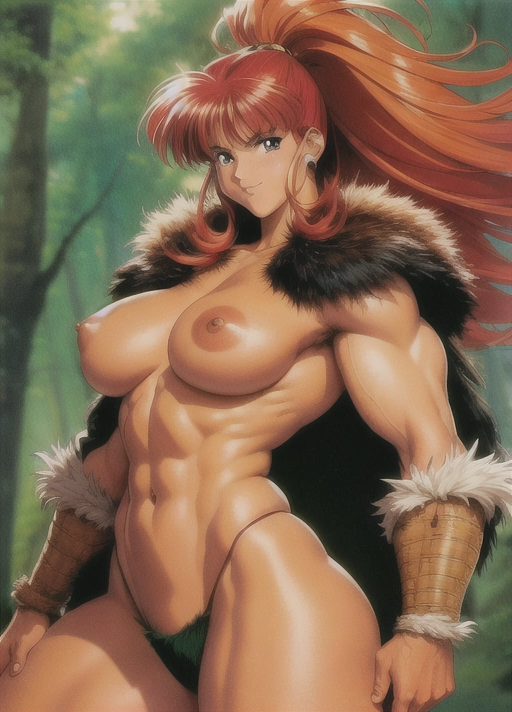 (((90s anime art style))),(masterpiece), absurdres, smooth, soft lines, soft edges, perfect edges, (soft lighting), (soft glow), perfect anatomy, detailed background, hair with great details, perfect eyes, perfect face, (looking at viewer),
lip gloss, smiling, ((flushed cheeks)), erotic, sensual,((forest background)), barbarian woman,
((Long wild hair)). ((Red hair)), thick thighs, wide hips, ((small breasts)), ((tan skin)), ((tan skin color)), ((((thick arms)))), ((muscular arms)), hairy armpits, ((((muscular)))), ((((lean)))), abs, ((muscular legs)), fur leggings, loin cloth, ((((fur cloak)))), topless, nude,