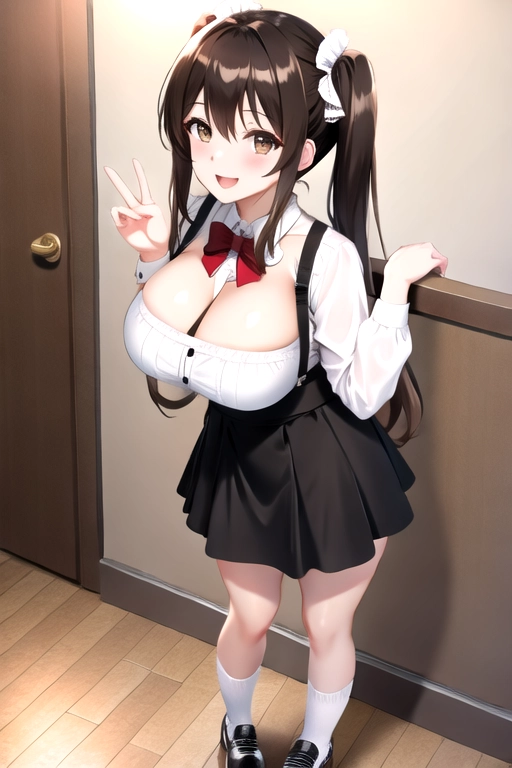 8k quality, brown eyes, pale white skin, brown hair, giant breasts, cleavage, looking at viewer, pov, long hair, wavy hair, standing in bedroom, black maid uniform, roller skates, miniskirt, pigtails, full body photo, smiling