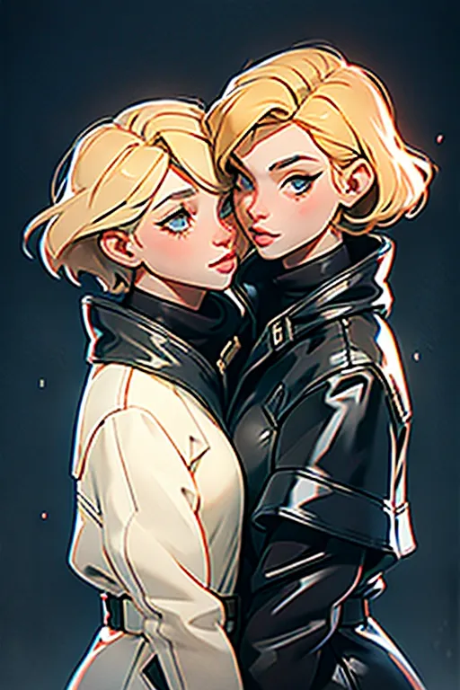 highly detailed photograph of three beautiful short hair blonde girls dressed in black pvc rain coats kissing each other passionately