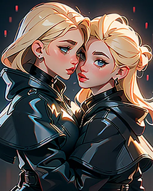 16k, full details, UHD, masterpiece, accurate details, highly detailed photograph of two beautiful shor hair blonde girls dressed in black pvc rain coats kissing each other passionately, (((accurate face anatomy)))
