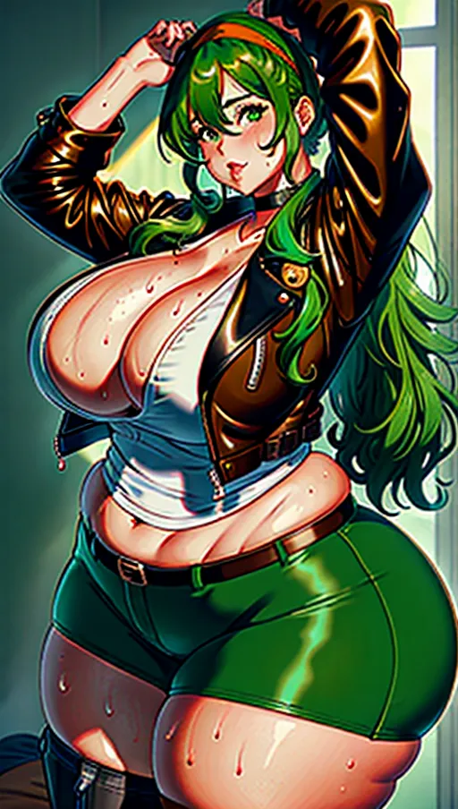a photograph of, a bbw woman, milf, huge boobs, huge fat thighs, thicc, giant fat ass, huge fat butt, huge wide hips, five fingers per hand, green hair, green twintails, straight hair, brown headband, brown shirt, brown leather jacket, orange cargo pants, curved eyebrows, sharp focus, editorial, detailed, artstation, greasy, sweaty, dripping sweat