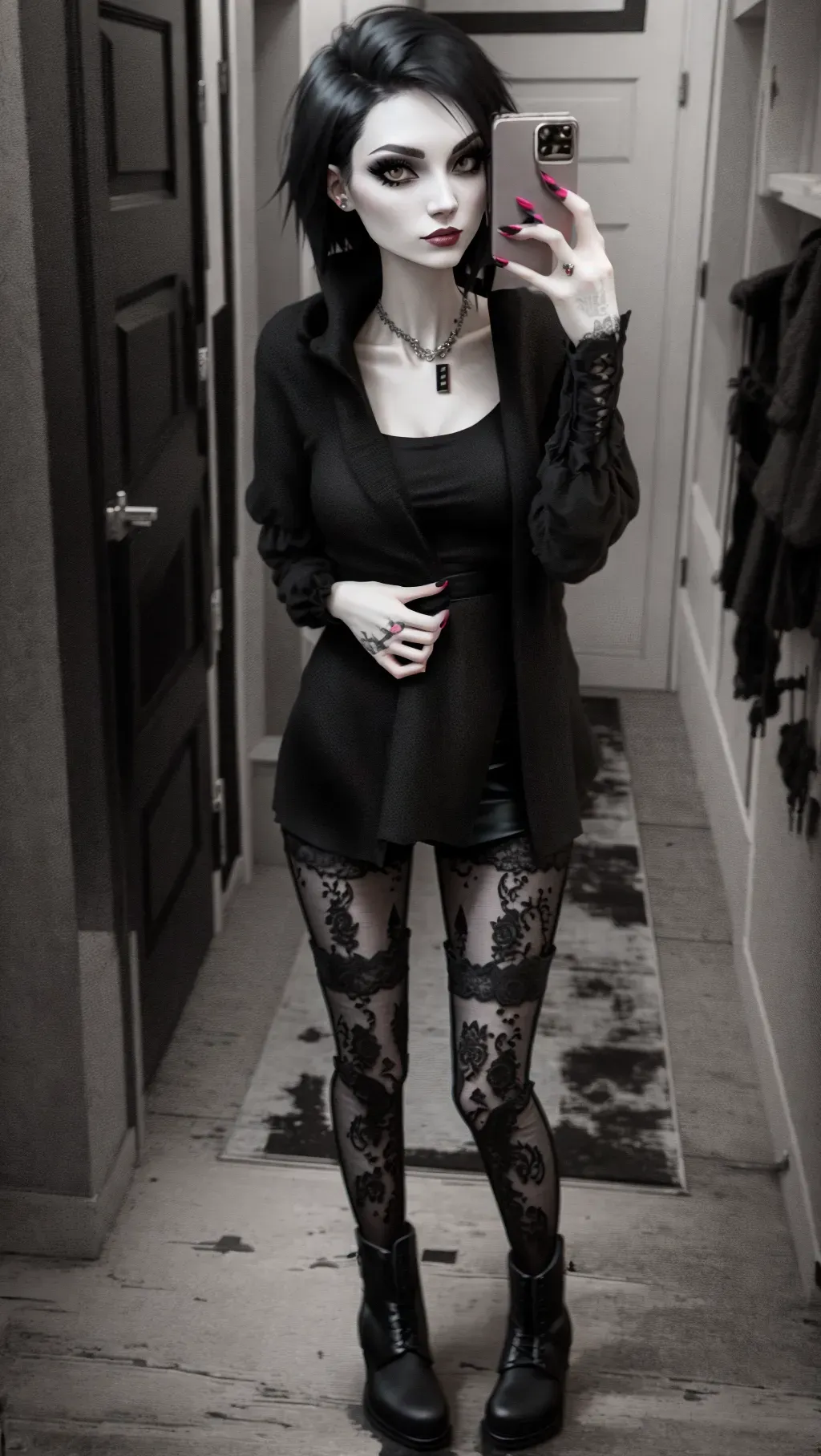 Skinny emo girl taking a picture wearing black throw and miniskirt, lace leggings, black boots,