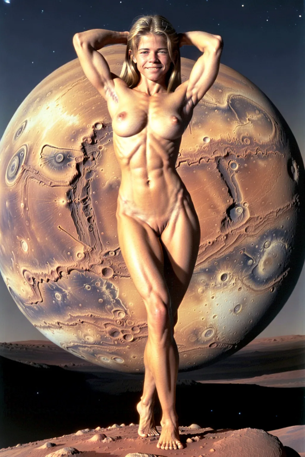 A very fit 18 year old fully naked Linda Hamilton, look of pleasure on her face, flexing her abs, very low body fat, extremely lean body, perfect body, showing her vagina, standing on the surface of mars at night, fully nude, spreading her legs, perfectly shaped breast, blonde hair, spreading her legs wide open, perfect tan