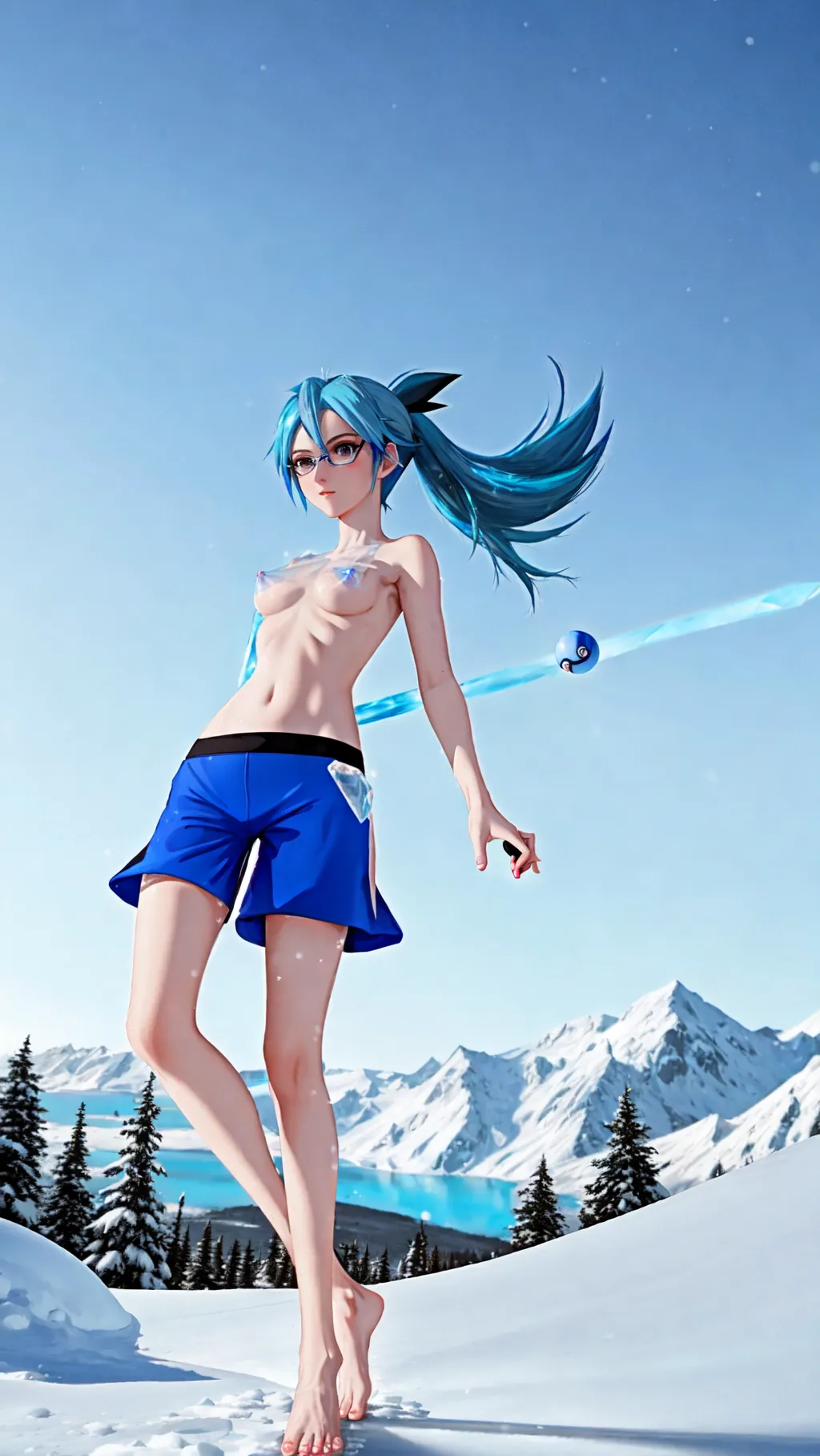 medium shot, full-body image of a cute slender topless barefoot female Pokemon trainer Lorelei with blue hair and blue nipples wearing capris and a tight black sleeveless shirt with glasses holding a Pokeball while doing battle with her Pokemon in an arctic-themed stadium, (sexy feet: 1.2), (topless: 1.3), (barefoot: 1.2), (Lorelei: 1.2), (Pokemon trainer: 1.1), (capris: 1.2), (holding Pokeball: 1.1), (wearing fingerless gloves: 1), (snow-covered mountaintop: 1.2), (ice nipples: 1.2), (ice nipples: 1.2), (ice nipples: 1.2), (ice nipples: 1.2), (ice nipples: 1.2), (ice nipples: 1.2), (ice nipples: 1.2), (ice nipples: 1.2),