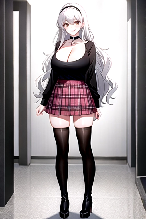 8k quality, brown eyes, pale white skin, white hair, giant breasts, cleavage, looking at viewer, pov, long hair, wavy hair, full body photo, standing in room, smiling, black shirt, pink plaid miniskirt, high heels, knee high boots, choker